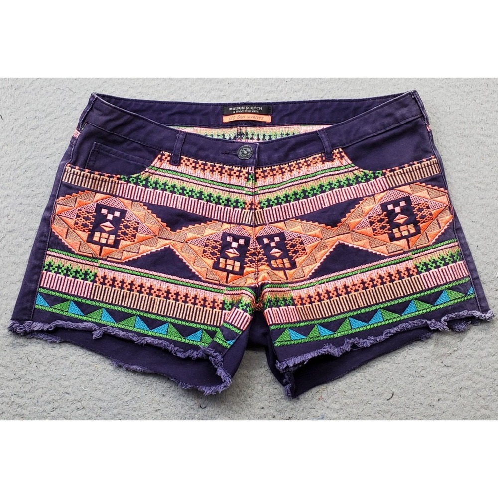 Maison Scotch Les Bon Vivants Shorts Womens 29 Multi Denim Embroidered Patterned